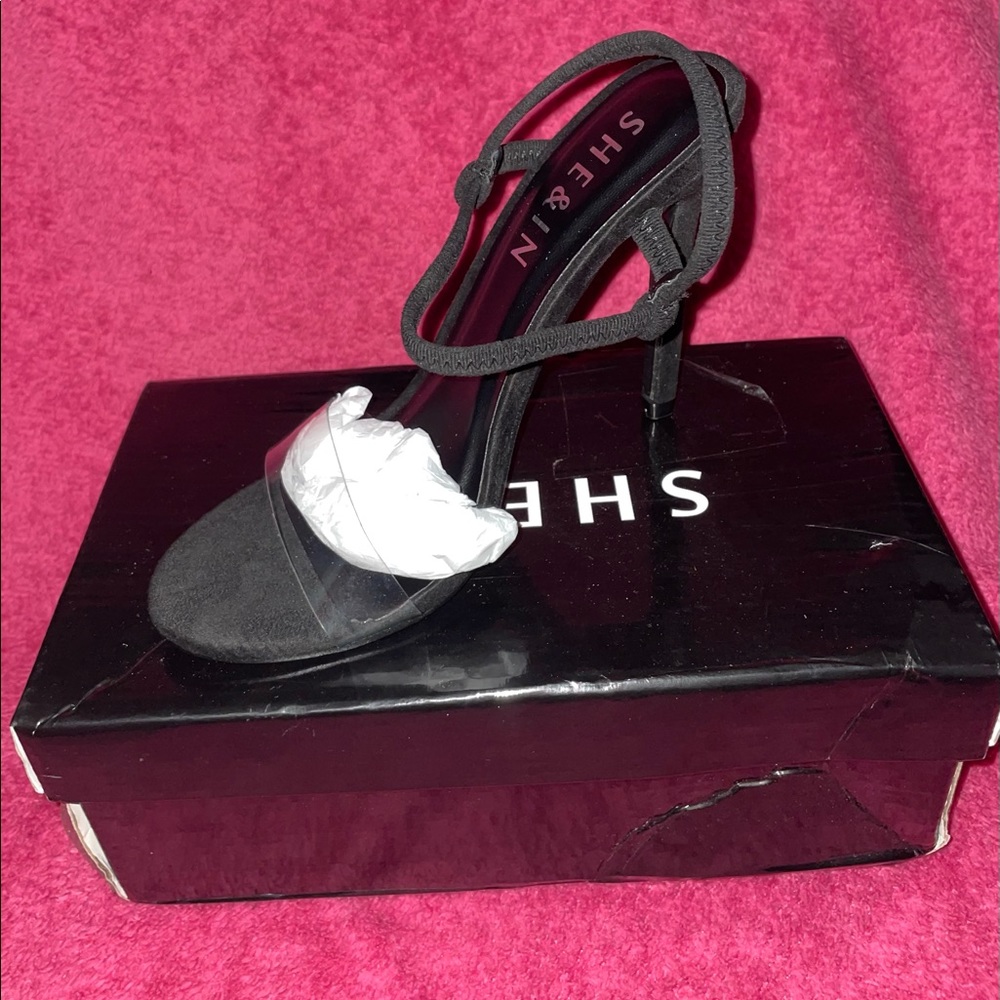 shein black plastic strap blacks heels